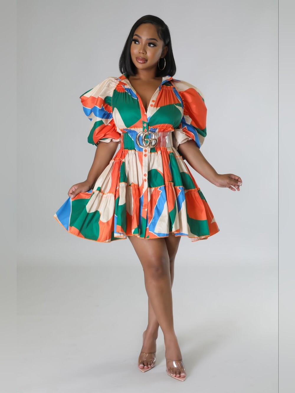 Love Highlight Color-Block Puff Sleeve Mini Dress - Multicolor Size 3XL